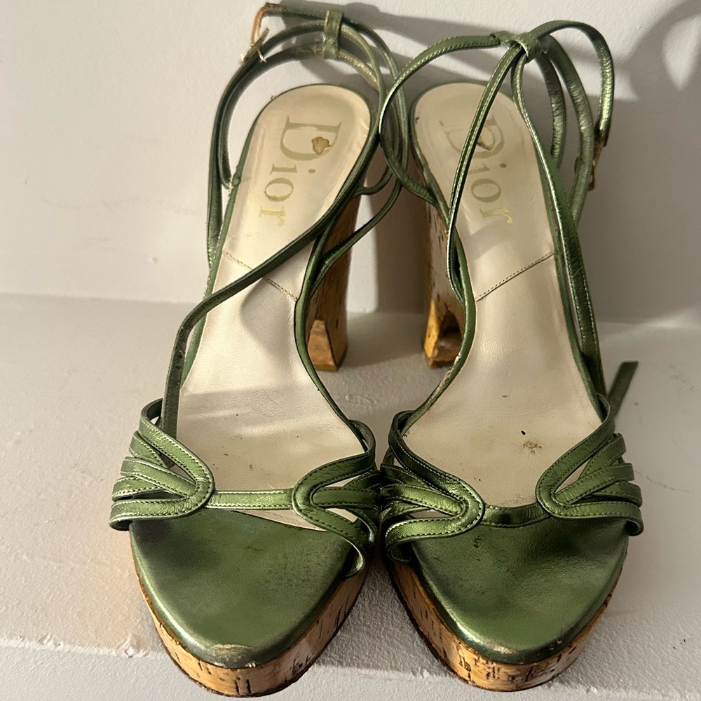 Dior Cork Wedge Sandals with Green Straps